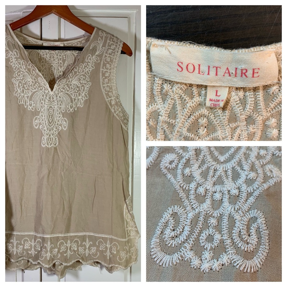 Solitaire Womens Top‎ L Sleeveless Neutral Embroidered Boho Festival READ